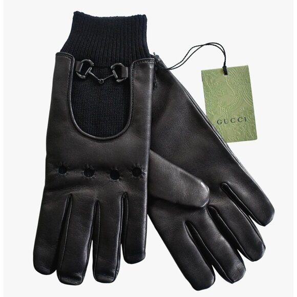 NEW GUCCI Black Lambskin Leather Men's Wrist Gloves with Horsebit Detail M/9.5